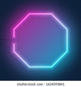 Neon octagon frame, border with wire. Neon lights sign. Vector abstract background, tunnel, portal. Geometric glow outline hexagon shape, laser glowing lines with copy space for text.