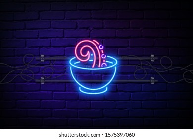 neon octopus tentacles protrude from the bowl. Fresh glowing symbol. Food, restaurant, Japanese cuisine concept. Advertising design. Night bright neon sign, colorful Billboard, light banner.