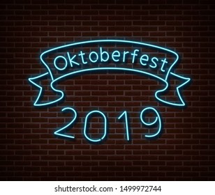 Neon Oktoberfest signs vector isolated on brick wall. Germany holiday light symbol, festival decoration effect. Neon oktoberfest  illustration.