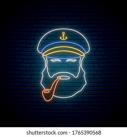 Neon old sailor captain with tobacco pipe. Hipster sailor man. Bright glowing captain emblem. Vector illustration.