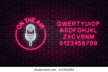 Neon on the air sign of microphone in round frame with alphabet. Nightclub with live music icon. Glowing signboard of radio station. Sound cafe icon. Music show poster. Vector illustration.