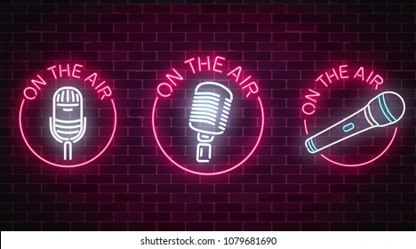 Neon on the air signs set with microphones symbols in round frames. Nightclub with live music icon. Glowing signboard of radio station. Sound cafe icon. Music show poster. Vector illustration.