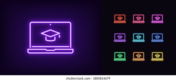 Neon online education icon. Glowing neon webinar sign, digital study on laptop. Video course platform, distance learning, teaching tutorial. Icon set, sign, symbol for UI. Vector illustration