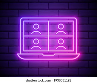 Neon online education icon. Glowing neon webinar sign, digital study in vivid colors. Video course, distance learning, teaching platform. Icon set, sign, symbol for UI. Vector illustration.