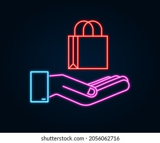 Neon online shopping e-commerce concept with online shopping and marketing icon. Hands holding shopping bags. Vector illustration.