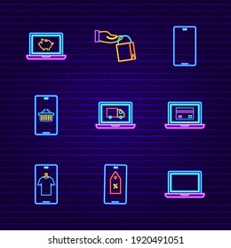 Neon Online Shopping Set. Vetor Illustration of Internet Shopping and Delivery Objects Collection.