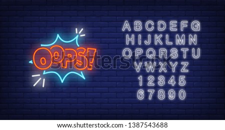 Neon OOPS sign. Glowing banner with OOPS inscription and cloud. Surprise concept. Vector illustration for games and advertisement 