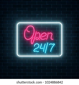 Neon open 24 hours 7 days sign in geometric shape on a brick wall background. Round the clock working bar or store signboard with lettering. Vector illustration.