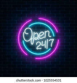 Neon open 24 hours 7 days sign in circle shape on a brick wall background. Round the clock working bar or store signboard with lettering. Vector illustration.