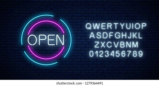 Neon open 24 hours and 7 days in circle frames sign with alphabet on a brick wall background. Round the clock working bar or night club signboard. Vector illustration.