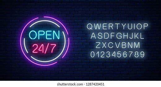 Neon open 24 hours 7 days a week sign in circle shaps with alphabet on a brick wall background. Round the clock working bar or night club signboard. Vector illustration.