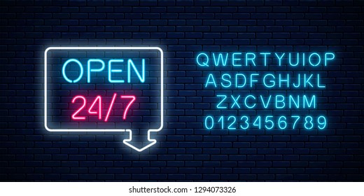 Neon open 24 hours 7 days a week sign in geometric shape with arrow and alphabet on a brick wall background. Round the clock working bar or night club signboard with lettering. Vector illustration.