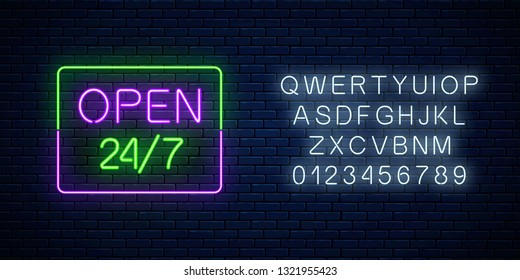 Neon open 24 hours 7 days a week sign in rectangle shape with alphabet on a brick wall background. Round the clock working bar or night club signboard with lettering. Vector illustration.