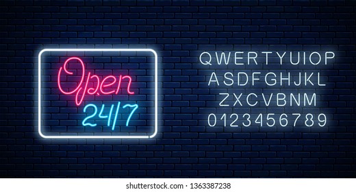 Neon open 24 hours 7 days sign in geometric shape with alphabet on a brick wall background. Round the clock working bar or store signboard with lettering. Vector illustration.