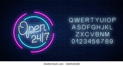 Neon open 24 hours 7 days sign in circle shape with alphabet on a brick wall background. Round the clock working bar or store signboard with lettering. Vector illustration.