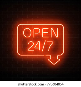 Neon open 24 hours 7 days a week sign in geometric shape with arrow on a brick wall background. Round the clock working bar or night club signboard with lettering. Vector illustration.