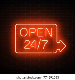 Neon open 24 hours 7 days a week sign in geometric shape with arrow on a brick wall background. Round the clock working cocktail bar signboard. Vector illustration.