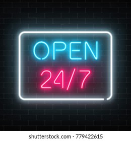 Neon open 24 hours 7 days a week sign in geometric shape on a brick wall background. Round the clock working bar or night club signboard with lettering. Vector illustration.