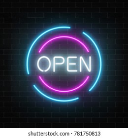 Neon open 24 hours and 7 days in circle frames sign on a brick wall background. Round the clock working bar or night club signboard. Vector illustration.