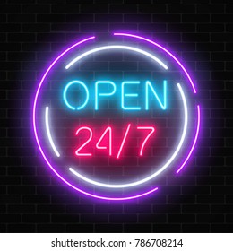 Neon open 24 hours 7 days a week sign in circle shaps on a brick wall background. Round the clock working bar or night club signboard. Vector illustration.