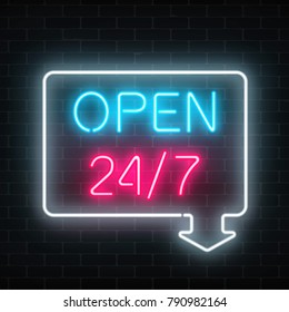 Neon open 24 hours 7 days a week sign in geometric shape with arrow on a brick wall background. Round the clock working bar or night club signboard with lettering. Vector illustration.