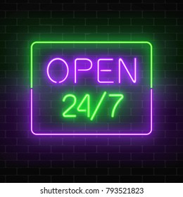 Neon open 24 hours 7 days a week sign in rectangle shape on a brick wall background. Round the clock working bar or night club signboard with lettering. Vector illustration.