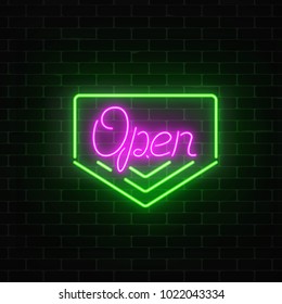 Neon open 24 hours sign board in geometric frame with arrows on a brick wall background. Round the clock working bar or night club signboard with lettering. Vector illustration.