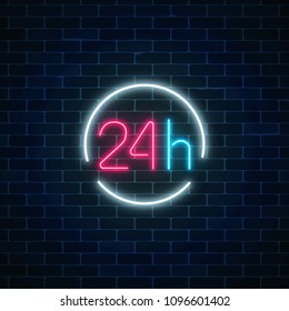 Neon open 24 hours sign in circle frame on a brick wall background. Round the clock working bar or store signboard with lettering. Vector illustration.