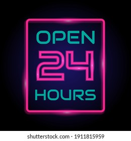 Neon open 24 hours sign. - Vector.
