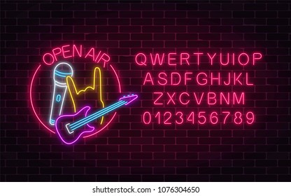 Neon open air sign with microphone, electro guitar and piece gesture in round frame with alphabet. Live music rock concert in open air icon. Glowing signboard of radio station. Vector illustration.