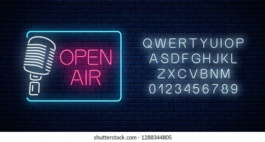 Neon open air signboard with microphone in restangle frame and alphabet. Nightclub with live speaking concert icon. Sound cafe icon. Vector illustration.