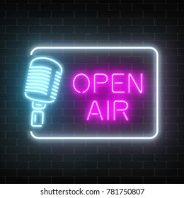 Neon open air signboard with microphone in restangle. Nightclub with live speaking concert icon. Glowing street sign of bar with karaoke and live singers. Sound cafe icon. Vector illustration.