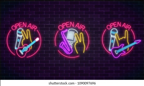 Neon open air signs collection with microphones, guitars and saxophone in round frame. Live music in open air icon. Glowing signboard of radio station. Music show poster. Vector illustration.