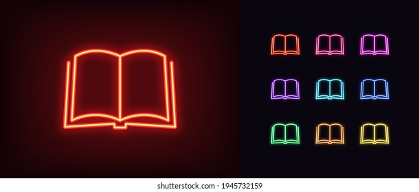 Neon open book icon. Glowing neon book sign, outline textbook silhouette in vivid colors. Online bookstore and library, literature, handbook and diary. Vector icon set, sign, pictogram for UI