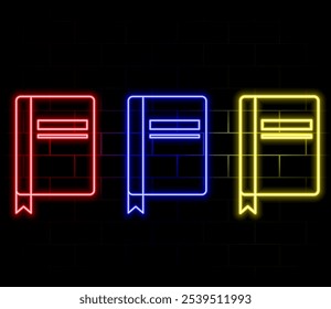 Neon open book icon. Glowing neon book sign, outline textbook silhouette in vivid colors. Online bookstore and library, literature, handbook and diary. Vector icon set, sign, pictogram for UI.