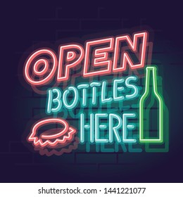 Neon open bottles here lettering sign. Night illuminated bar sign. Isolated curved handwritten typography illustration on brick wall background.