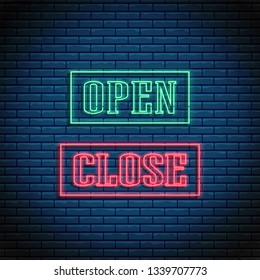 Neon open and close text glowing bright sign in rectangle frames. Open or close shop, store or bar icon, banner in neon style. Vector illustration.