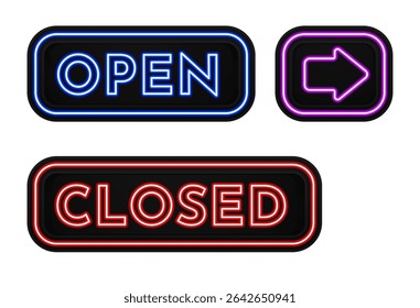 Neon Open and Closed signs with an arrow icon