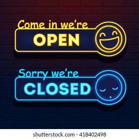 Neon Open and Closed vector signs. Lights Open Closed Vector store signs on a brick wall. Come in we're open. Sorry we're closed. Vector 