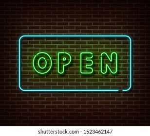 Neon Open door sign vector isolated on brick wall. Open bar banner light symbol, decoration effect. Neon  illustration.