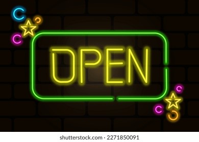 Neon is open in flat style on black background. Typography design. Vector illustration.
