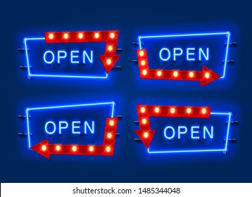 Neon open frame arrow set collection. template design element. Vector illustration