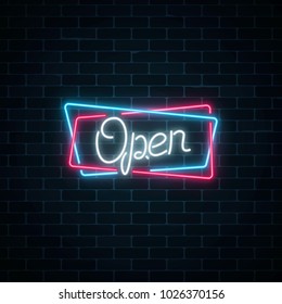 Neon open hand drawn sign in geometric shapes on a brick wall background. Round the clock working bar and nightclub signboard with lettering. Opening store advertising symbol. Vector illustration.