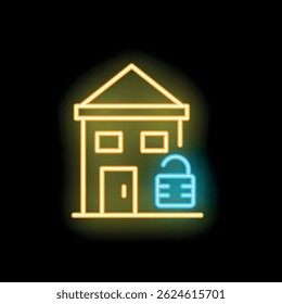 Neon open padlock with glowing house shape background on black background