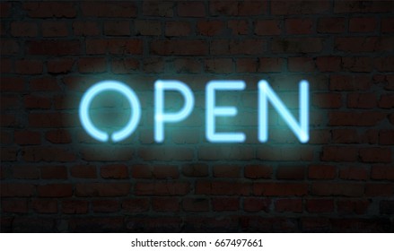 Neon open. Realistic vector letters on the illuminated brick wall