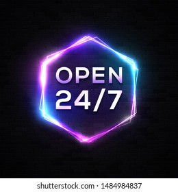 Neon open sign 24/7 on black brick wall. Light vector background with glowing hexagon electric frame. 1980 style 3d realistic design element for 24 Hours Club, Bar, Cafe. Bright vector illustration.