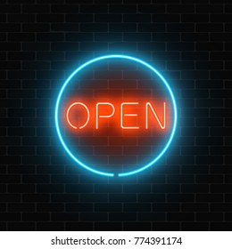 Neon open sign in a circle frame on a brick wall background. Round the clock working cocktail bar signboard. Vector illustration.