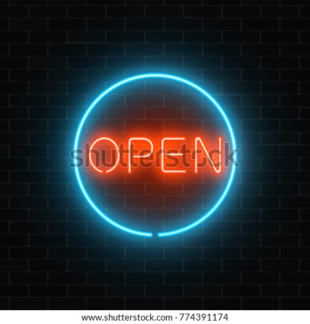 Neon open sign in a circle frame on a brick wall background. Round the clock working cocktail bar signboard. Vector illustration.