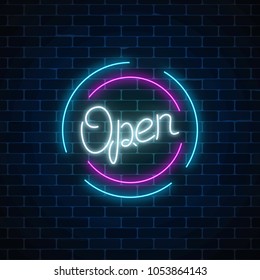 Neon open sign in circle shape on a brick wall background. Round the clock working bar or store signboard with lettering. Vector illustration.