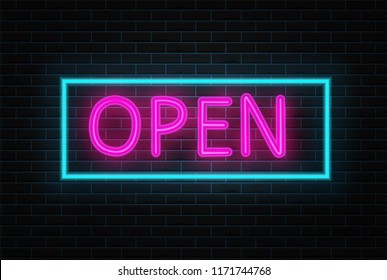 Neon open sign in circle shape on a brick wall background. Round the clock working bar or store signboard with lettering. Vector illustration.Open Shop 24/7 Neon light sign.